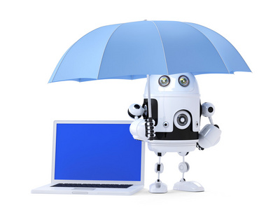 机器人拿着笔记本电脑和伞