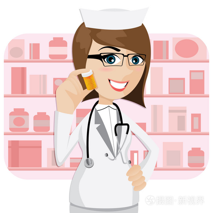卡通女孩药剂师显示药瓶