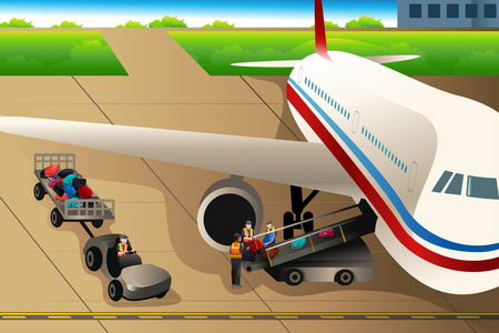 工人装进一架飞机在机场的行李