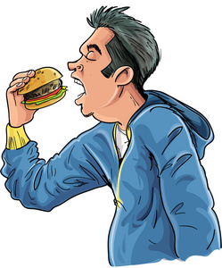 卡通青少年吃一个汉堡