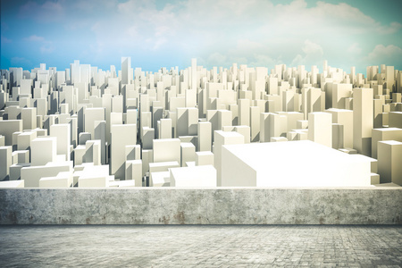 城市天际线和蓝色的天空的 3d 渲染