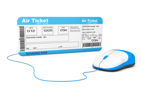 在线预订的概念。机票登机通行证和计算