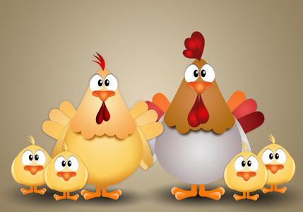 小鸡动物矢量插图成人的母鸡和公鸡与树鸡在白色的背景着色页与卡通