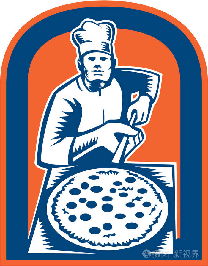 披萨制造商持有比萨饼皮盾木刻