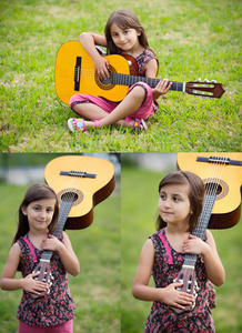 三幅图像的一个美丽的女孩，用一把吉他