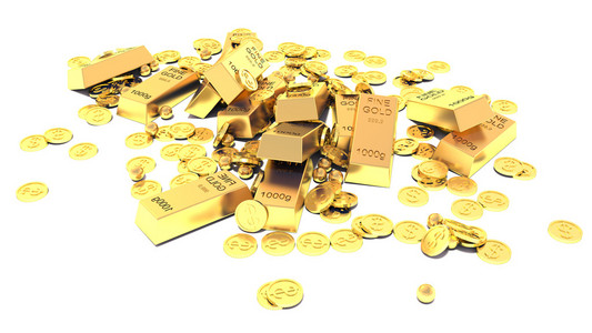 堆的宝藏.黄金金条, 金币和金片分离照片