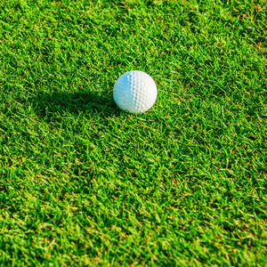 高尔夫俱乐部。绿色的田野和在草地的球