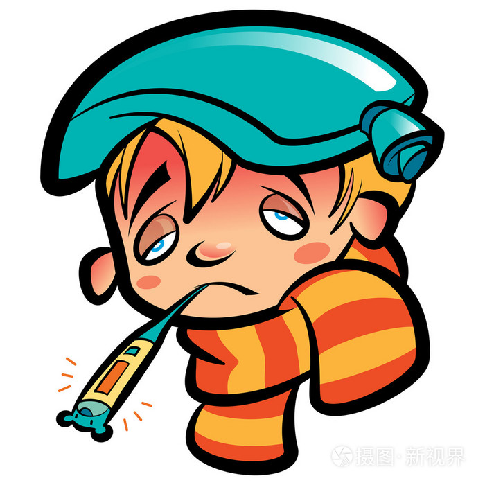 卡通生病的男孩头,温度计围巾和冰包