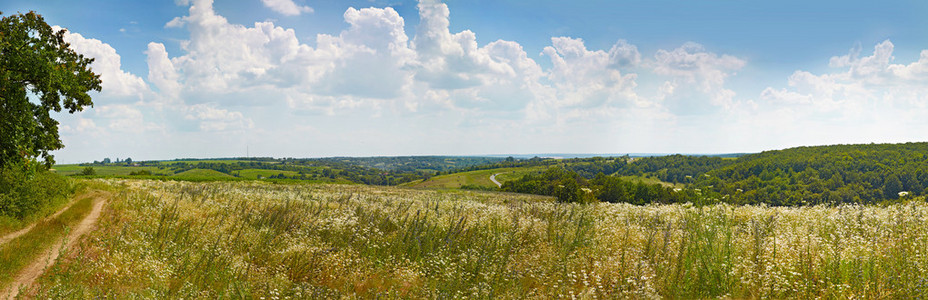 丘陵乡村全景景观。夏天乌克兰