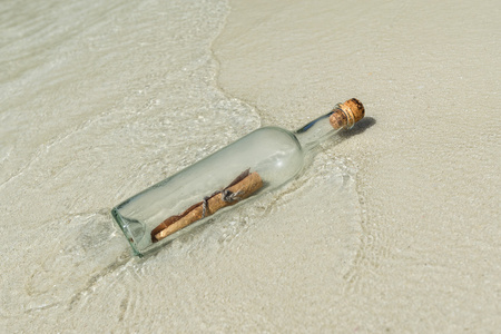 瓶中的信在地处热带的海滩上被冲上岸