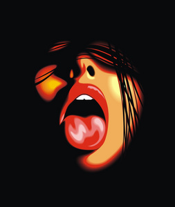 妇女面临着红色的舌头和张开的嘴