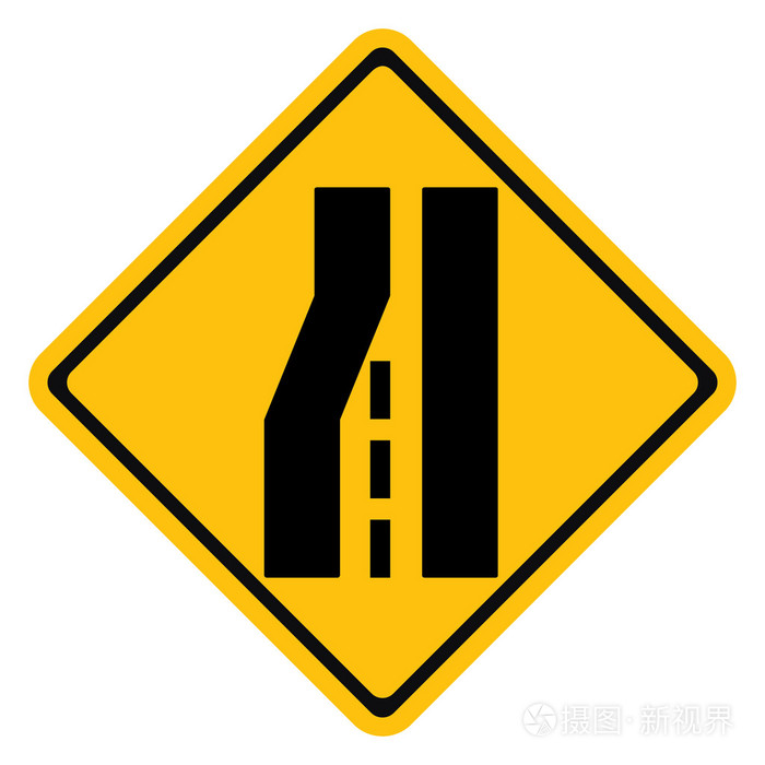 在左边的交通警告标志路变窄