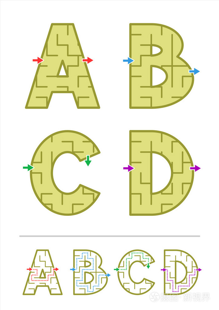 字母表迷宫游戏 a, b, c, d