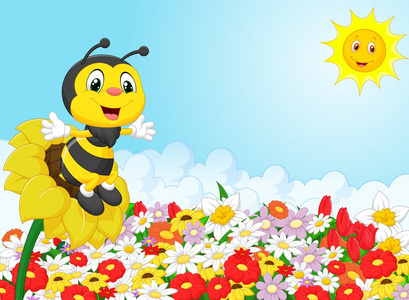 坐在这朵花上的卡通蜜蜂