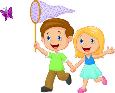 亲子捉昆虫卡通小孩捉蝴蝶照片