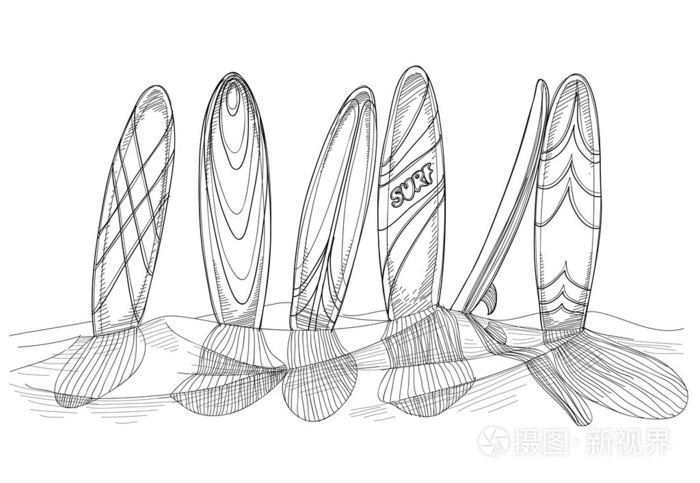 在沙地上冲浪板素描插画-正版商用图片1g5krq-摄图新视界