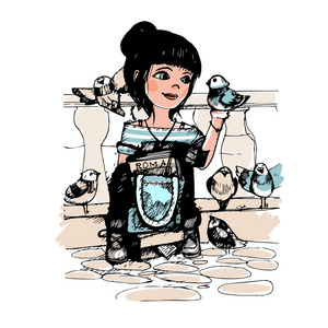 喂鸽子的女孩.颜色照片