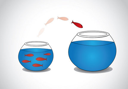 警报的幼鱼，逃离拥挤的小玻璃碗砸得大。从一个小跳到一个大激情冒险概念插画艺术的湛蓝的水的玻璃缸的智能红快乐鱼