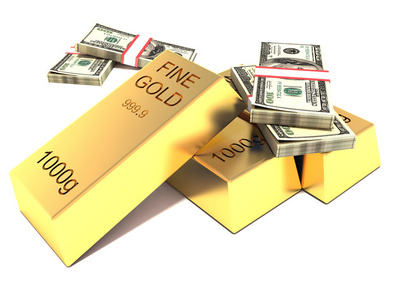 黄金和外汇储备.金条和美元照片