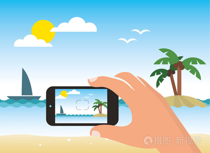 通过智能手机的海滩拍照插画-正版商用图片1g8k9k-摄图新视界