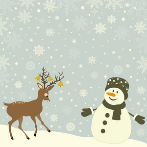 圣诞贺卡与雪人和鹿