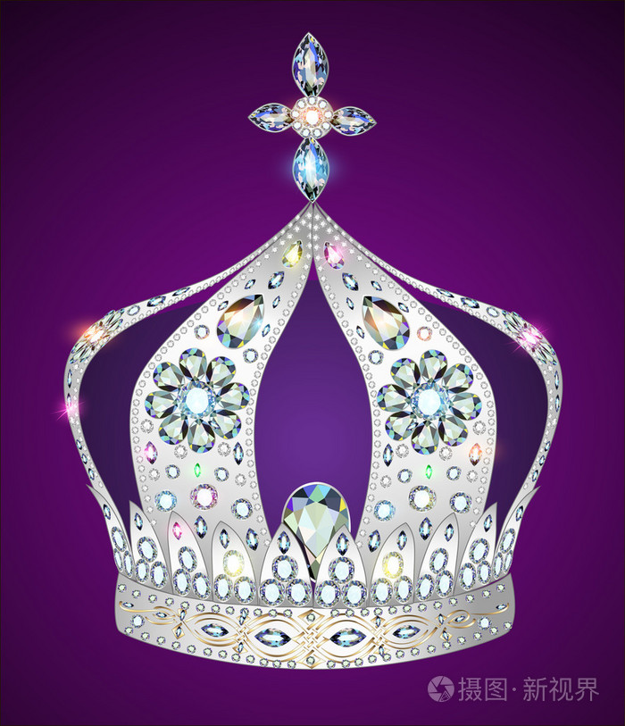 闪亮的银紫色背景上王冠