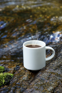 茶点和咖啡在瀑布的岩石上