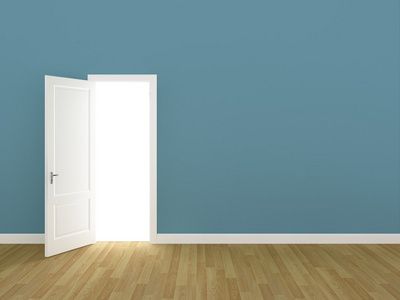 在淡蓝色墙上,3d 敞开大门照片