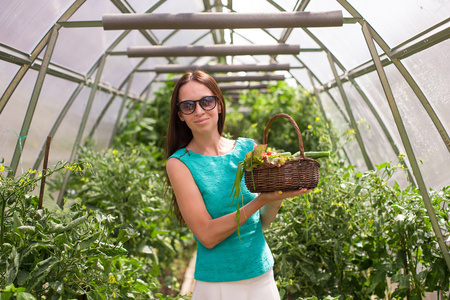 年轻女子在温室里捧着一篮绿色植物和西红柿