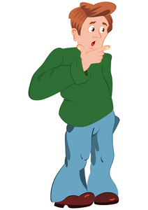 卡通漫画的人穿着绿色的毛衣握着附近的下巴的手