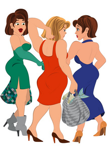 三个卡通女性交谈后购物袋