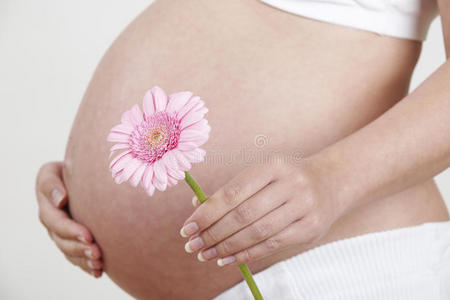 孕妇抱着粉红色花朵的特写镜头