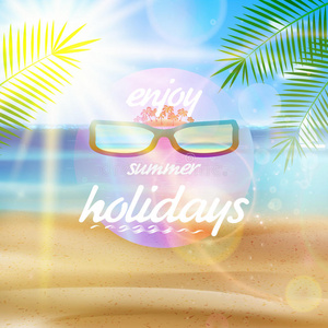 带太阳眼镜的海滨风景海报。