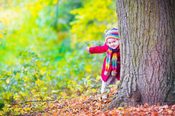 小女孩在秋天的公园里玩得很开心