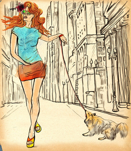 穿过街道的女人。手绘插图。