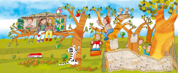 公园里的孩子们在树上.照片