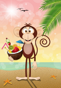 海滩上椰子饮料猴子