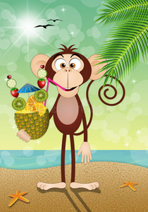 海滩上吃菠萝的猴子