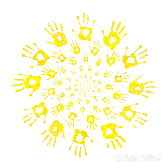 太阳的孤立的白色背景上的手印