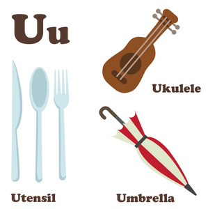 字母 u letter.umbrella,ukulele,utensil