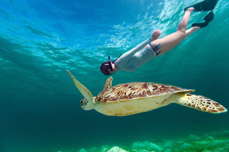 ung kvinna snorkling med sea turtle浮潜与海龟的年轻女子