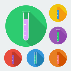 试管图标与长长的阴影矢量插图中，六种颜色设置
