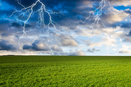 罢工玉米用在绿色草地上闪电雷暴照片