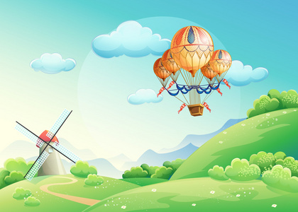 快乐可爱的动物在天空中飞翔在彩色气球和云彩之间,卡通狐狸矢量插图