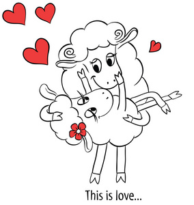 热恋中的情侣两个可爱的卡通迷羊用红色的心照片