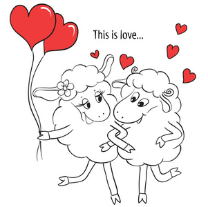 热恋中的情侣.两个可爱的卡通迷羊用红色的心照片