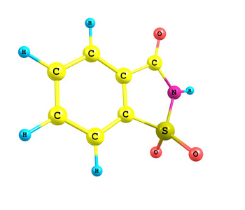 糖精分子结构在白色背景上照片