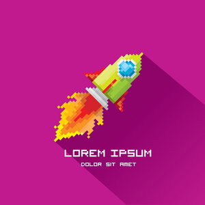 矢量平面像素火箭在紫罗兰色的背景上