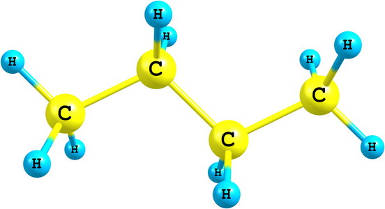 在白色的丁烷分子的结构