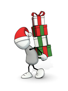 与圣诞老人的帽子，背着一大堆礼品盒的粗略小个子